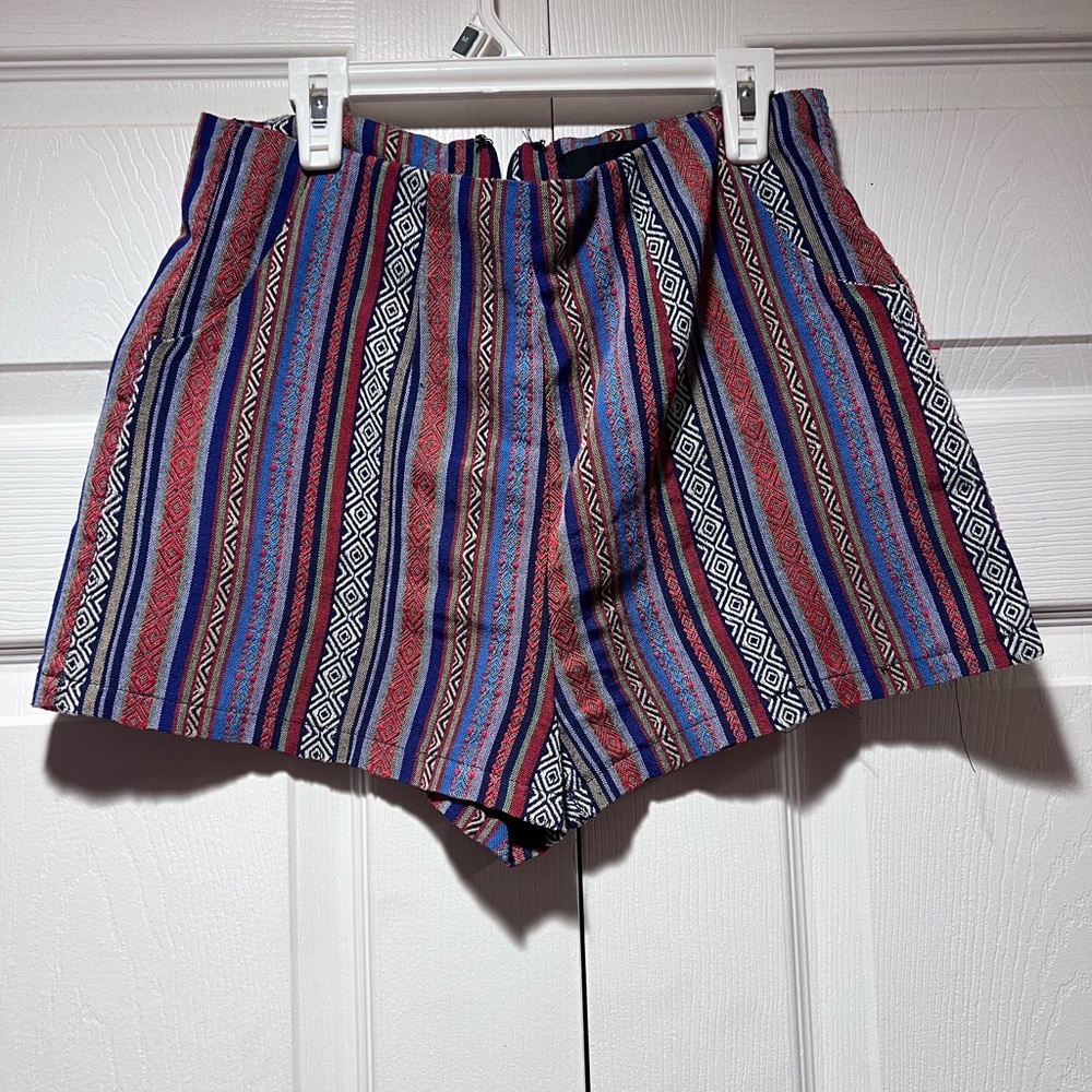 Kaisely High Waist Tribal Striped Shorts - Red, Blue, Black